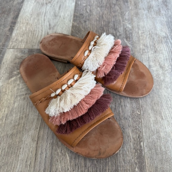 Frye Riley Tassel Slide Leather Sandal - Tan w/Multicolor Fringe - Picture 7 of 7